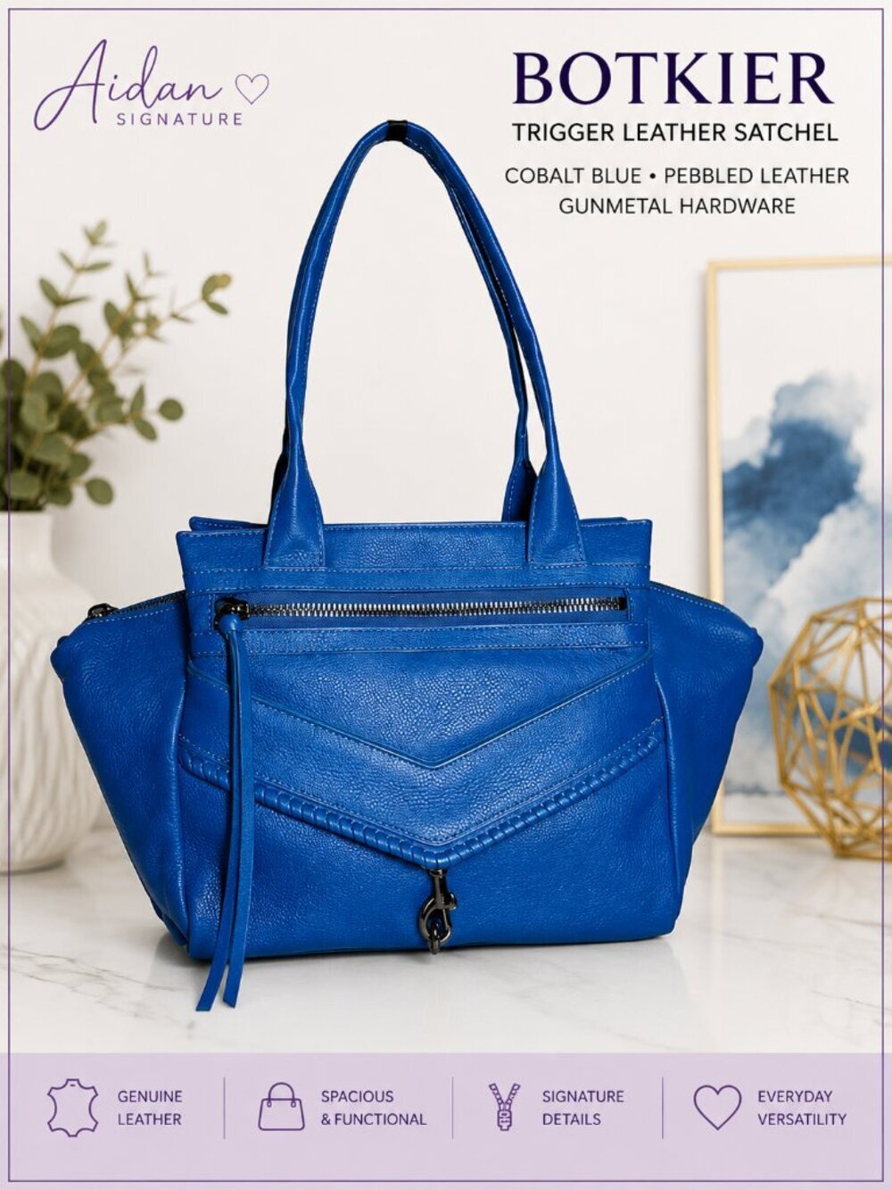 Botkier Trigger Satchel Cobalt Blue Genuine Leather Shoulder Bag